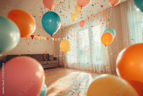 Birthday surprise moment as someone walks into a room filled with balloons and banners. Copyspace on the top. Natural daylight. Living room decorated with birthday themes.