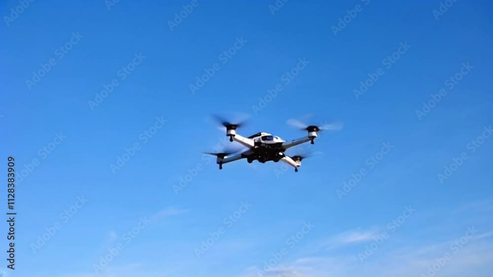 Super slow motion of latest technology high tech drone is flying against blue sky Super slow motion of latest technology high tech drone is flying against blue sky