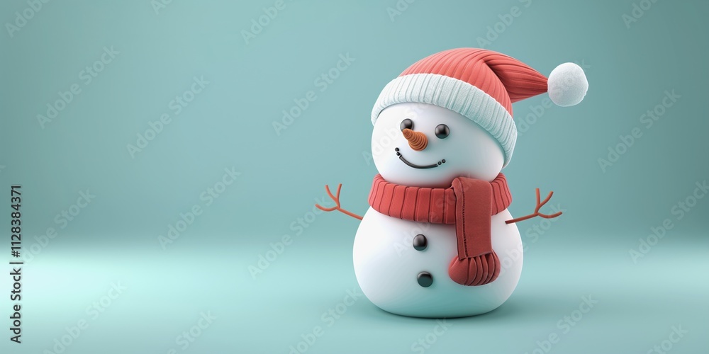 Cute snowman with red hat and scarf isolated on light green background Cute snowman with red hat and scarf isolated on light green background