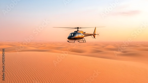 Aerial view of a helicopter patrolling above a vast desert landscape with sand dunes stretching out towards the distant horizon photo