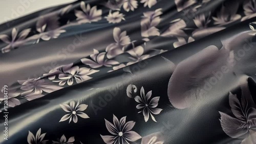 Luxury black satin fabric with floral pattern waving background photo