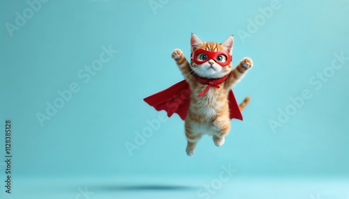 Superhero Cat in Action Studio Setting Digital Art Playful Environment Bright Colors Whimsical Concept for Cat Lovers