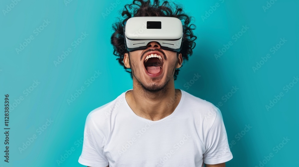 A young man wearing opaque virtual reality goggles, with a joyful smile