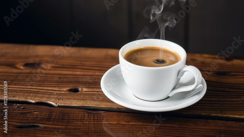 Invigorating Morning: A Cup of Steaming Hot Coffee on a Rustic Wood Table