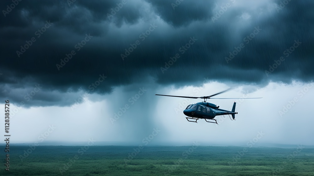 Fototapeta premium Dramatic image of a helicopter flying through a heavy rainstorm navigating through dark ominous clouds in the sky The aircraft is battling the turbulent weather conditions