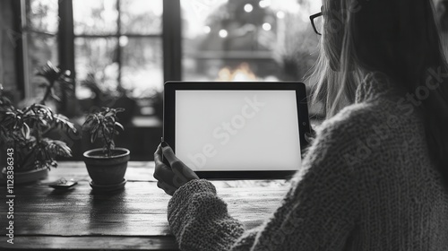 a of a woman using a tablet computer with a white blank desktop scree photo