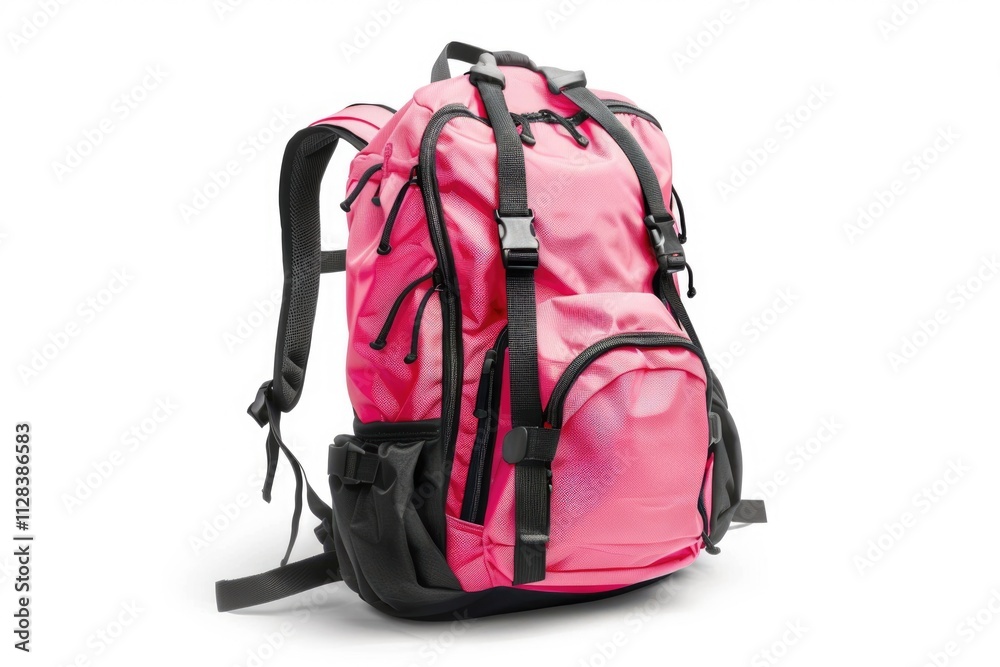 Fototapeta premium Pink backpack with black straps isolated on white background.