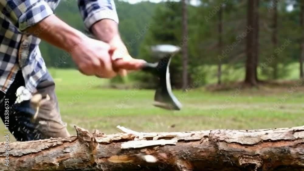 Super slow motion close up of lumberjack in checkered shirt with sharp axe hatchet with wooden handle chops tree trunk with flying wood pieces outdoors Super slow motion close up of lumberjack in checkered shirt with sharp axe hatchet with wooden handle chops tree trunk with flying wood pieces outdoors
