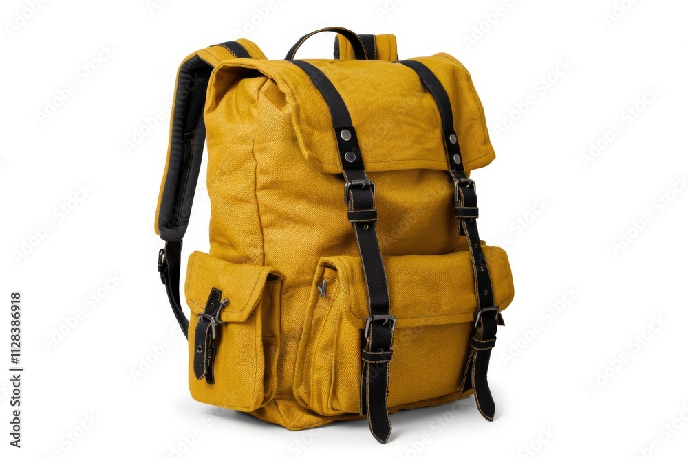 Yellow backpack with black straps isolated on white background. Yellow backpack with black straps isolated on white background.