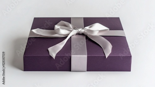 Deep Purple Gift Box with Silver Ribbon: Top-Down Studio Shot on White Background, Showcasing Pristine Details and Soft Lighting for Professional Commercial Use.