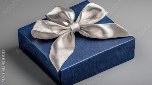 Midnight Blue Gift Box with Silver Bow: Luxurious Studio Shot, Top-Down View, Sharp Focus on a Grey Background. Perfect for Commercial Photography.