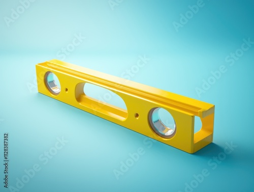 A yellow level tool with perfectly centered bubbles, isolated on a soft pastel blue photo