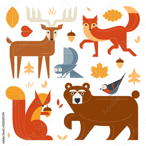 Obraz na płótnie Wild Forest Animals and Geometric Woodland Birds w salonie