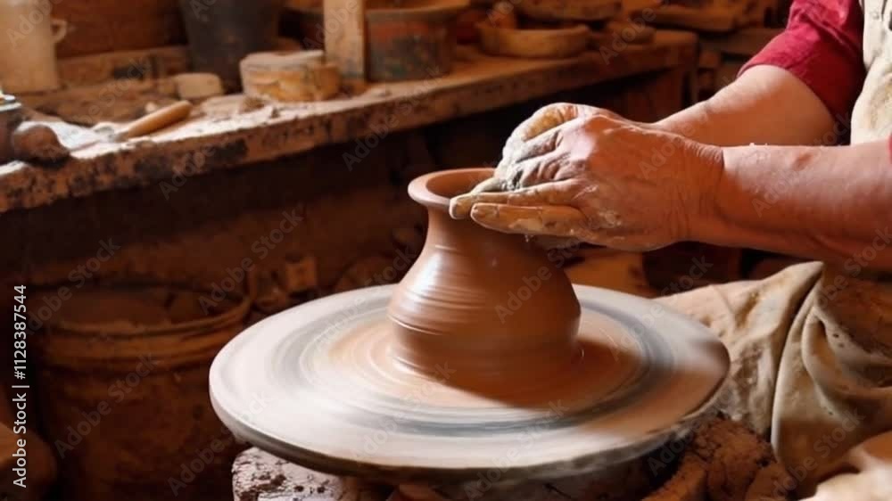 Super slow motion close up of skilled artisan potter shaping raw clay pot on spinning wheel with artistry and dedication in his rustic workshop studio Super slow motion close up of skilled artisan potter shaping raw clay pot on spinning wheel with artistry and dedication in his rustic workshop studio