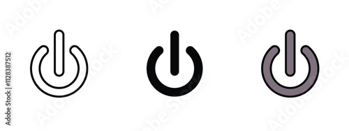 Set of 3 "Power Button" icons with 1 line, 1 silhouette n 1 colored icon with an unexpanded vector icon inside - Power button icon representing on/off functionality use in UI/UX design mobile apps