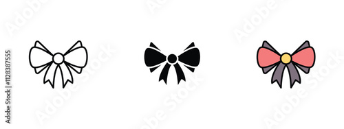 Set of 3 "Ribbon" icons with 1 line, 1 silhouette n 1 colored icon with an unexpanded vector icon inside - Ribbon icon representing awards achievements bookmarks or highlights use in UI/UX design