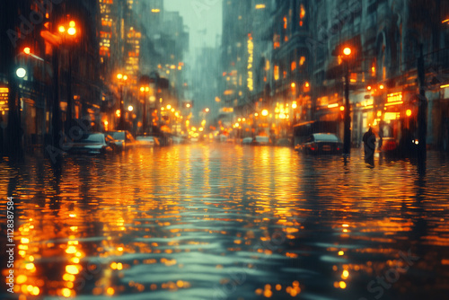 Urban street illuminated by lampposts reflecting in rainwater at dusk. Generative AI