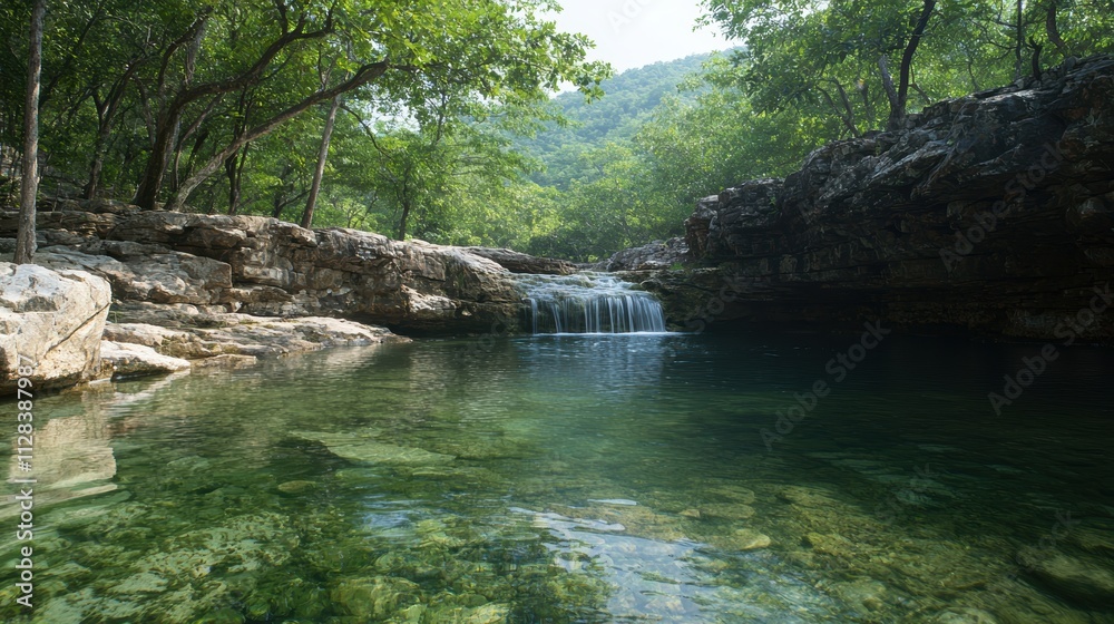 Naklejka premium Serene Nature Scene: Majestic Waterfall Flowing into Crystal-Clear Pool Amidst Lush Forest