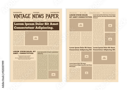 Vintage newspaper with text and image placeholder. Brochure newspaper pages with headline. Paper retro journal vector template. News articles newsprint magazine old design
