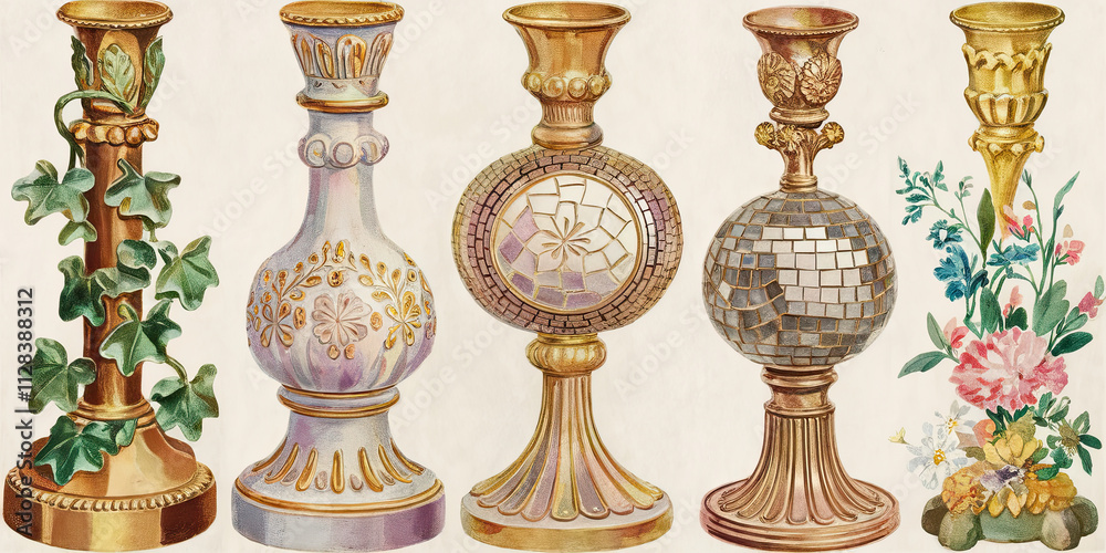 custom made wallpaper toronto digitalVintage Candlesticks Mosaic Floral Gold Decor Home Decor Antique Illustration Design Elements