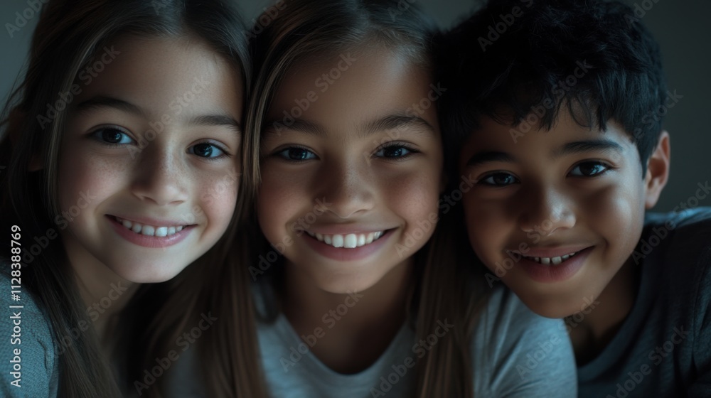 Closeup of three diverse kids, a white girl with a cheerful grin and wavy hair, a Black boy with a joyful expression and curly hair Closeup of three diverse kids, a white girl with a cheerful grin and wavy hair, a Black boy with a joyful expression and curly hair