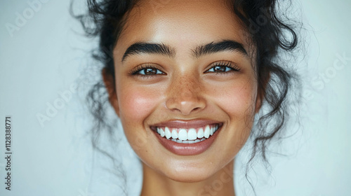 Woman with a smile on her face. She has a nice smile and her teeth are white