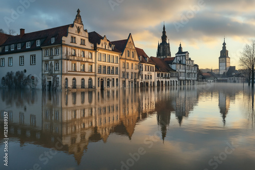 Historic buildings reflect in calm flooded waters at sunset . Generative AI