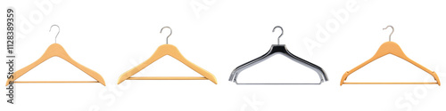 Standing empty clothes hanger isolated on transparent background, Set of