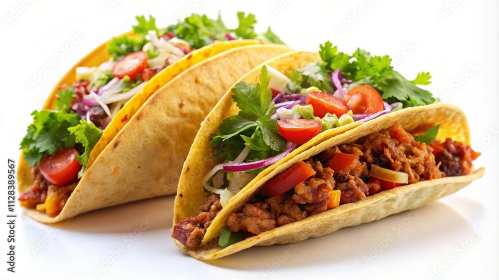 Two tacos filled with fresh ingredients, served on a white background, ready to enjoy. Two tacos filled with fresh ingredients, served on a white background, ready to enjoy.