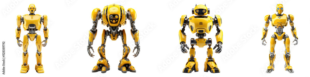Standing yellow robot isolated on transparent background, Set of Standing yellow robot isolated on transparent background, Set of