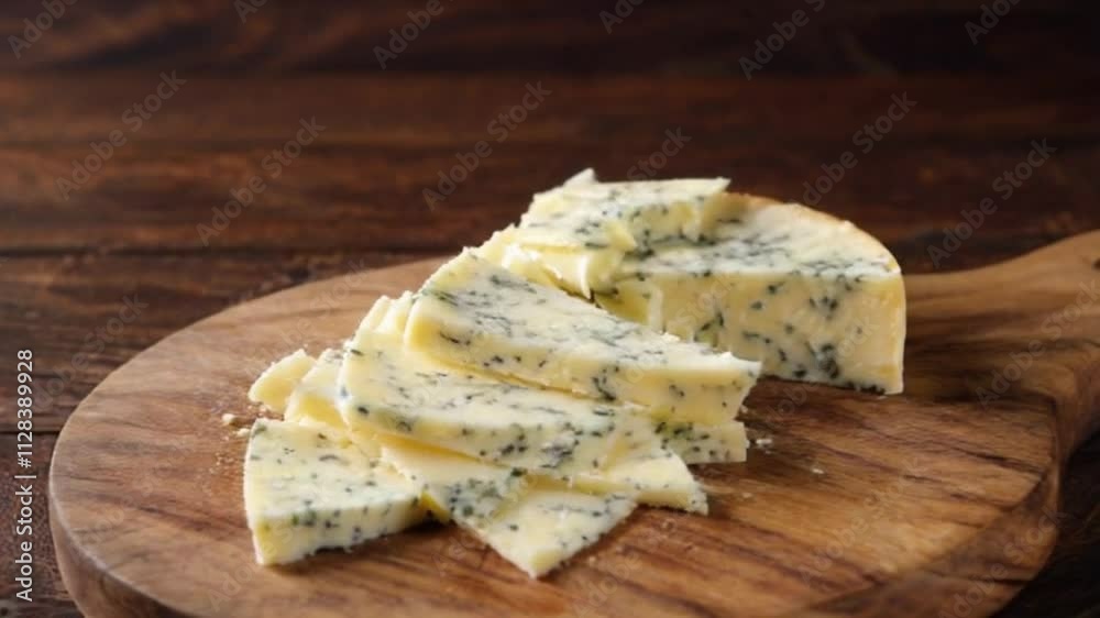 Super slow motion macro of slices traditional italian bio organic toma cheese is falling on rustic wooden chopping board in kitchen of restaurant or dairy farm Super slow motion macro of slices traditional italian bio organic toma cheese is falling on rustic wooden chopping board in kitchen of restaurant or dairy farm