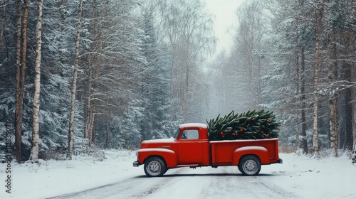 Delivering Christmas Cheer Red Pickup Truck Snowy Forest Holiday Scene Winter Wonderland Festive Spirit