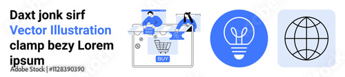 Two people shopping online via desktop, lightbulb representing ideas or innovation, globe symbolizing global connectivity. Ideal for e-commerce, online shopping, innovation, global business