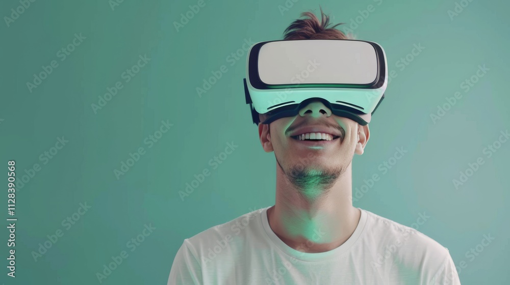 A young man wearing opaque virtual reality goggles, with an excited expression A young man wearing opaque virtual reality goggles, with an excited expression