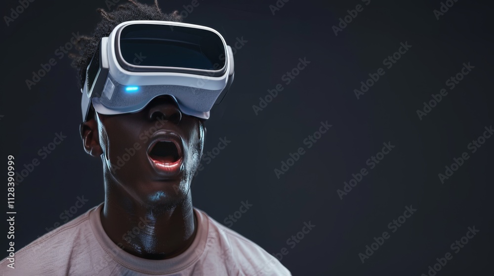 A young man wearing opaque virtual reality goggles, with an excited grin A young man wearing opaque virtual reality goggles, with an excited grin