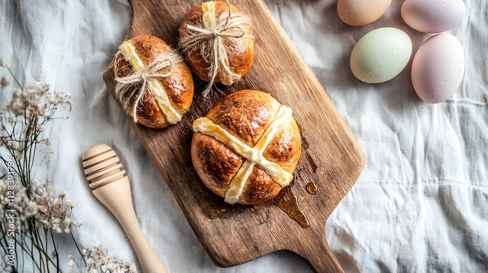 Fototapeta premium Rustic Easter setup featuring traditional baked treats and decorative eggs on a wooden board