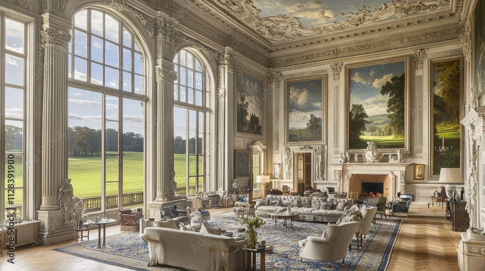 Naklejka premium Magnificent Interior of a Historic Mansion with Stunning Landscape Views