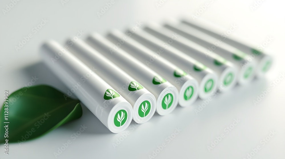 Rechargeable batteries with eco-friendly labels arranged neatly on a white surface Rechargeable batteries with eco-friendly labels arranged neatly on a white surface