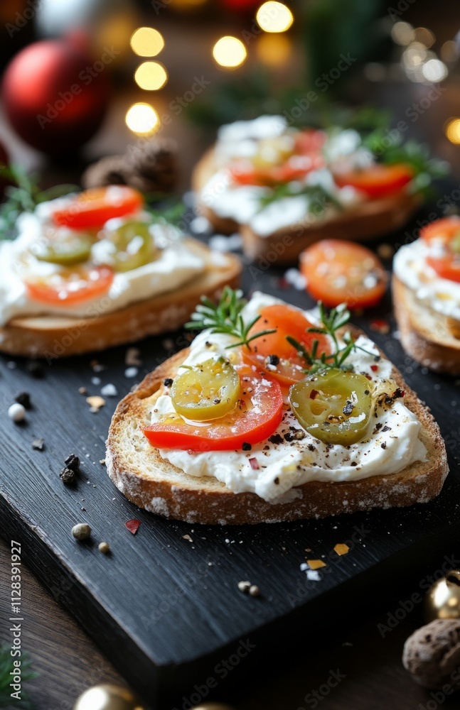 Small Toasts with Cream Cheese and Pickled Peppers on Black Wooden Board Small Toasts with Cream Cheese and Pickled Peppers on Black Wooden Board