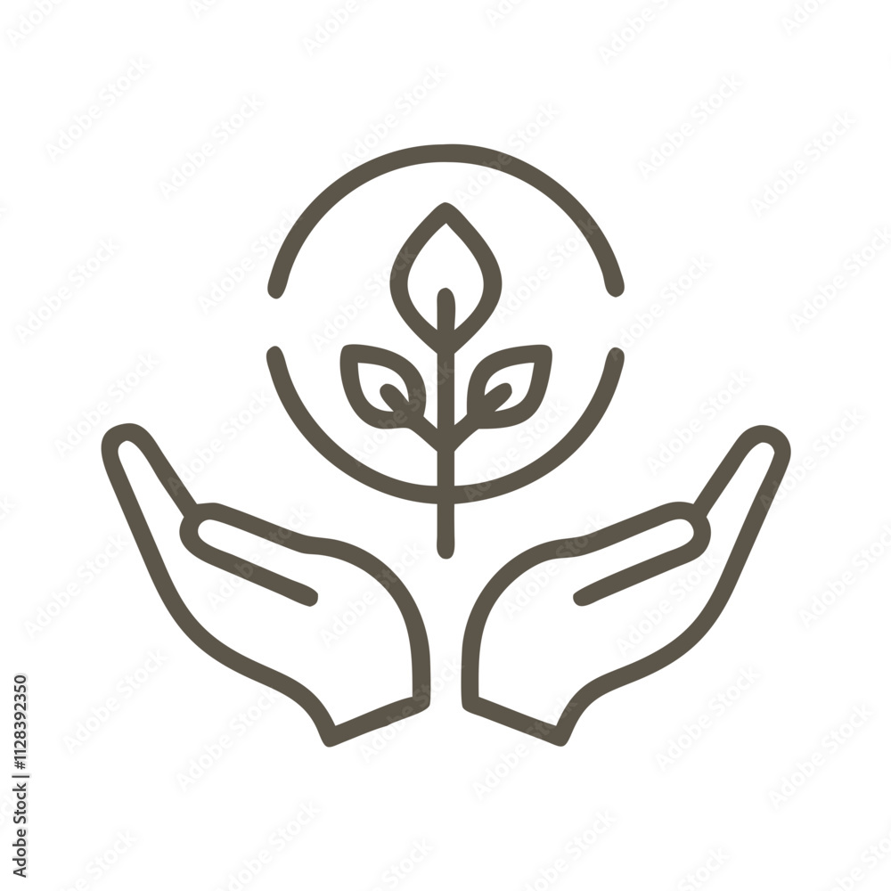 Hands holding a plant with a symbol of protection representing nature conservation and ecology Hands holding a plant with a symbol of protection representing nature conservation and ecology