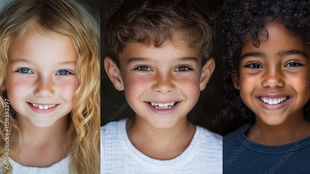 Closeup of three diverse kids, a white girl with wavy hair and a joyful smile, a Black boy with a bright grin and short hair Closeup of three diverse kids, a white girl with wavy hair and a joyful smile, a Black boy with a bright grin and short hair