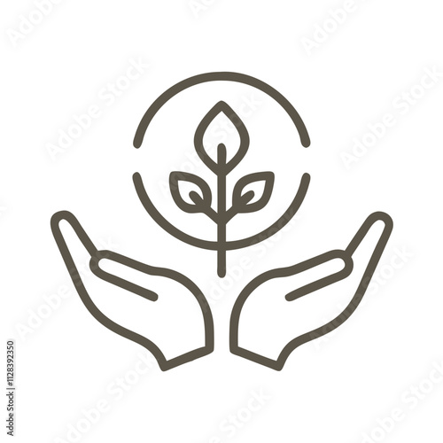 Hands holding a plant with a symbol of protection representing nature conservation and ecology