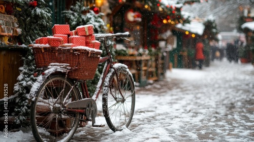 Christmas Joy Snow-Covered Bike Festive Market Photography Winter Wonderland Cozy Scene