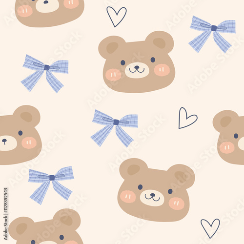 cute bear heads with striped bows and mini heart seamless pattern