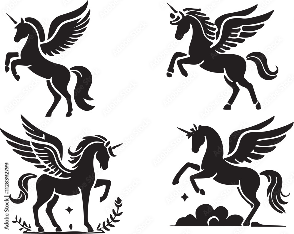Fototapeta premium Unicorn silhouette set vector icon illustration