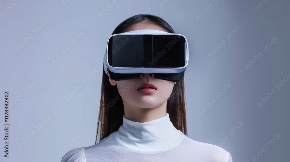 A young woman wearing opaque virtual reality goggles, laughing with joy A young woman wearing opaque virtual reality goggles, laughing with joy