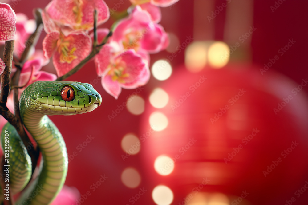 Fototapeta premium Cute green snake, Chinese new year celebration, orchid flower, red background.