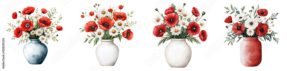Elegant porcelain vase filled with a beautiful bouquet of vibrant red poppy flowers and green leaves creating a stunning floral arrangement for home decor or interior design Elegant porcelain vase filled with a beautiful bouquet of vibrant red poppy flowers and green leaves creating a stunning floral arrangement for home decor or interior design