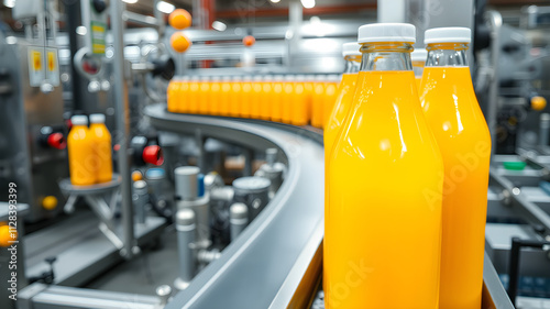 Rows of freshly filled orange juice bottles move along a conveyor belt in a busy production facility.