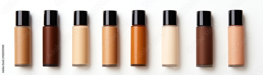 A set of body foundation bottles in gradient skin tones, arranged symmetrically A set of body foundation bottles in gradient skin tones, arranged symmetrically